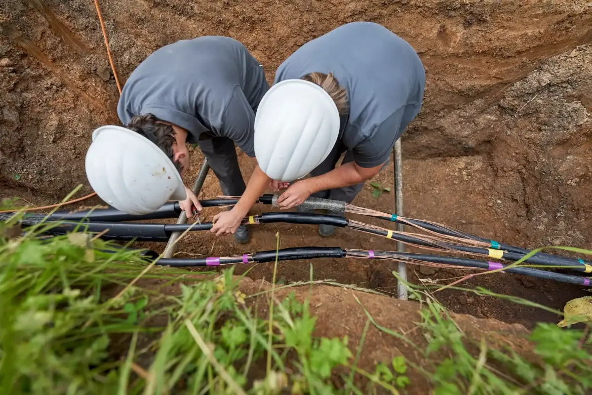 Zwei Arbeiter mit Schutzhelmen arbeiten an einem Rohr.