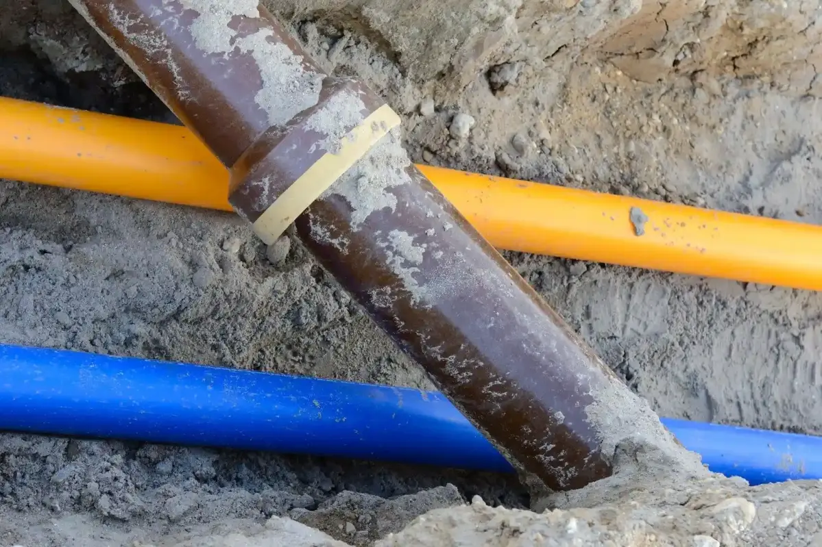 Ein braunes, ein blaues und ein gelbes Rohr.