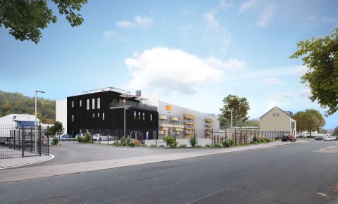 Visualisierung des neuen Lager‑ und Bürogebäudes des evm‑Campus an der Schützenstraße in Koblenz, mit modernem dreigeschossigem Baukörper und angeschlossenem Zentrallager.